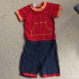 Mish Mish red orange and navy unisex shorts set